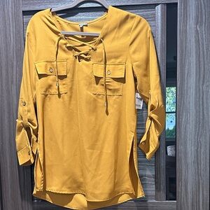 Mustard Yellow Lace-Up Blouse